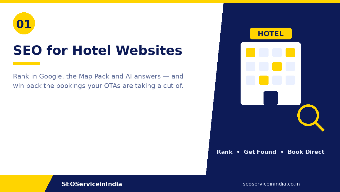 SEO for hotel websites by SEOServiceinIndia — rank in Google, the Map Pack and AI answers to win direct bookings