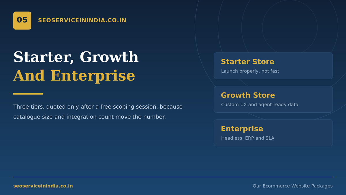 Starter, Growth and Enterprise ecommerce website packages