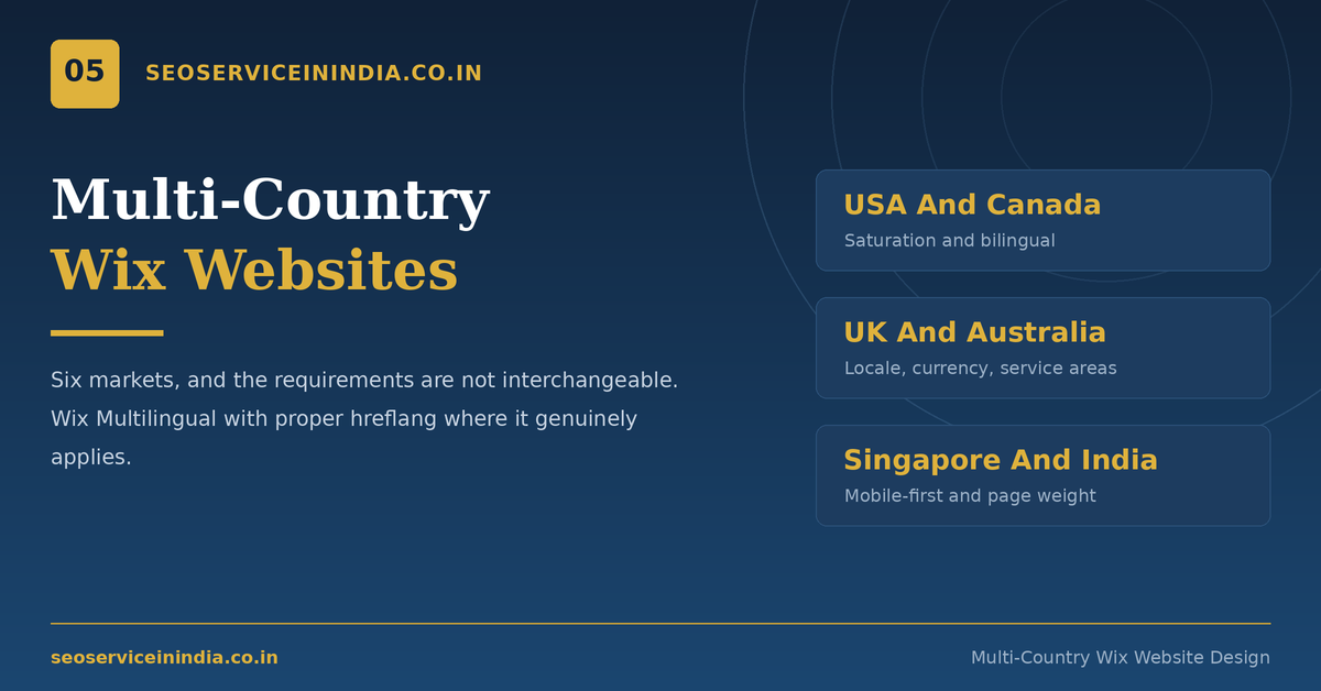 Multi-country Wix website design with market versions for USA, UK, Canada, Australia, Singapore and India