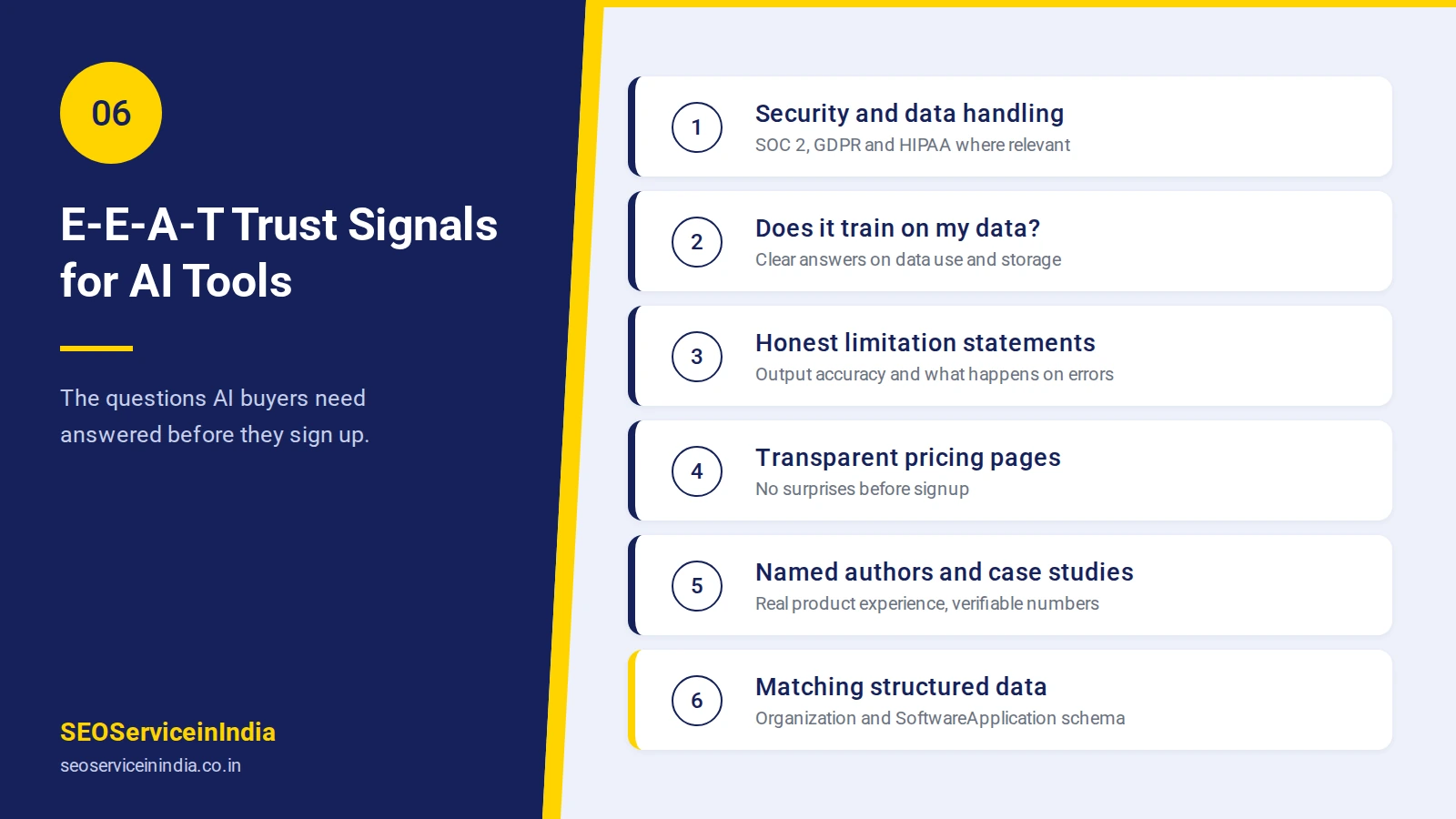 Security, data privacy and pricing trust signals on an AI tool website