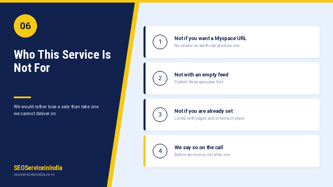 Podcast feed audit checklist used before quoting submission services