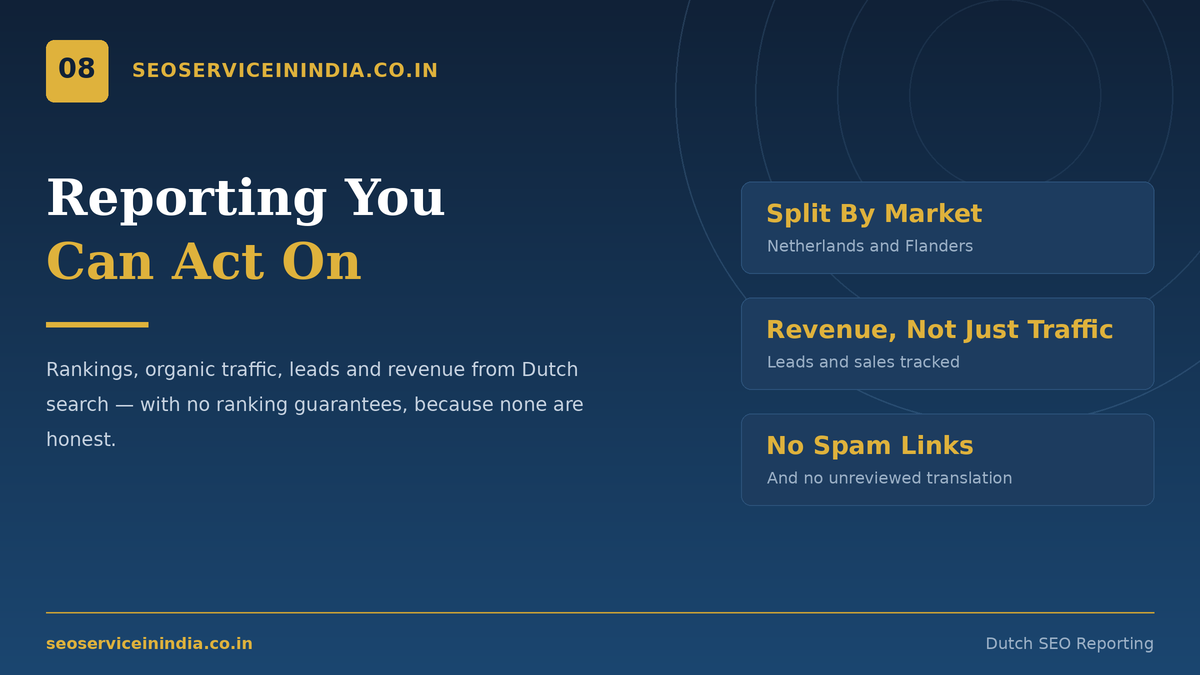 Dutch SEO packages reporting dashboard with rankings, traffic and leads