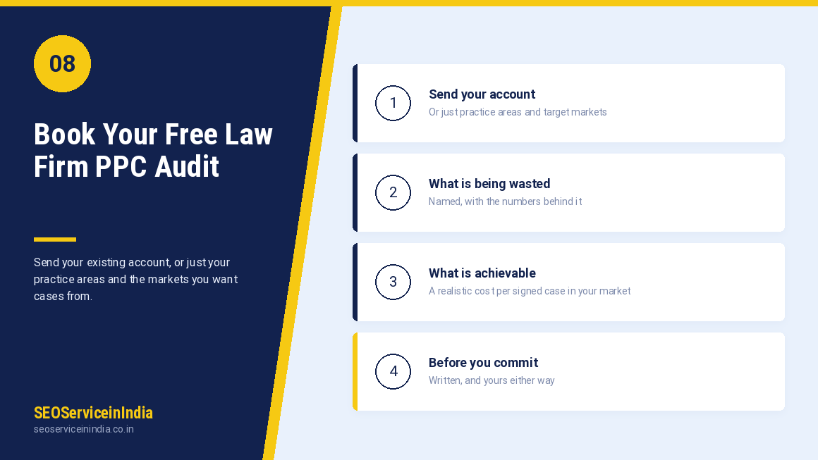 Book a free law firm PPC audit and get a written cost per signed case assessment